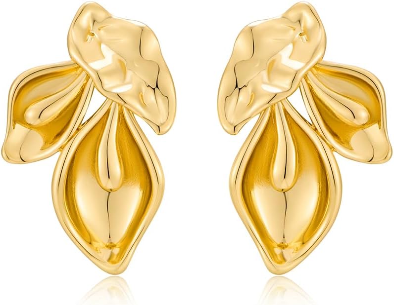FAUTHENTICUTE Chunky Gold Statement Earrings For Women Gold Plated Sectored Flower Leaf Shell Angel Wing Earrings Large Stud Earrings Hypoallergenic Earrings - Image 1